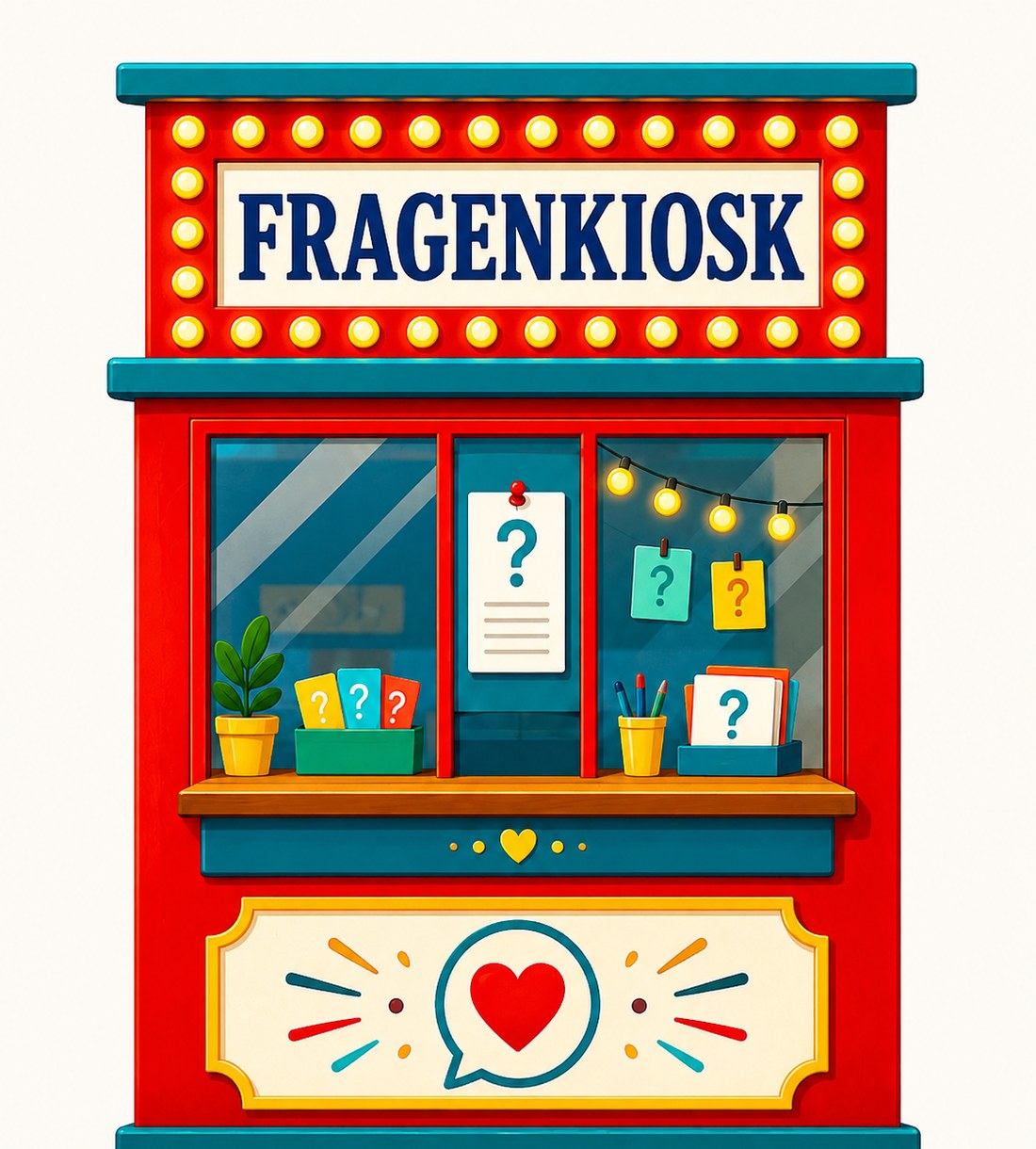 Fragenkiosk – eine Jahrmarktbude mit Lichterkette, in der Fragen ausgegeben werden